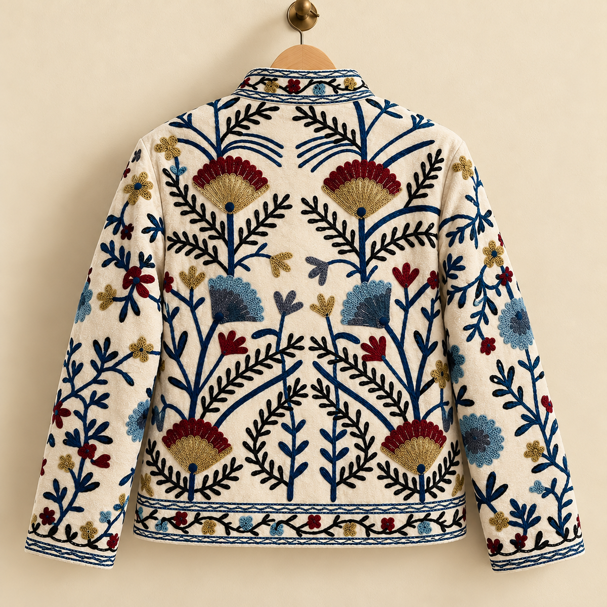 Embroidered Heart Velvet Jacket Royal Blue Short Coat Women Cute Boho Winter Wear Handcrafted Striped Cuff Outerwear Gift For Her
