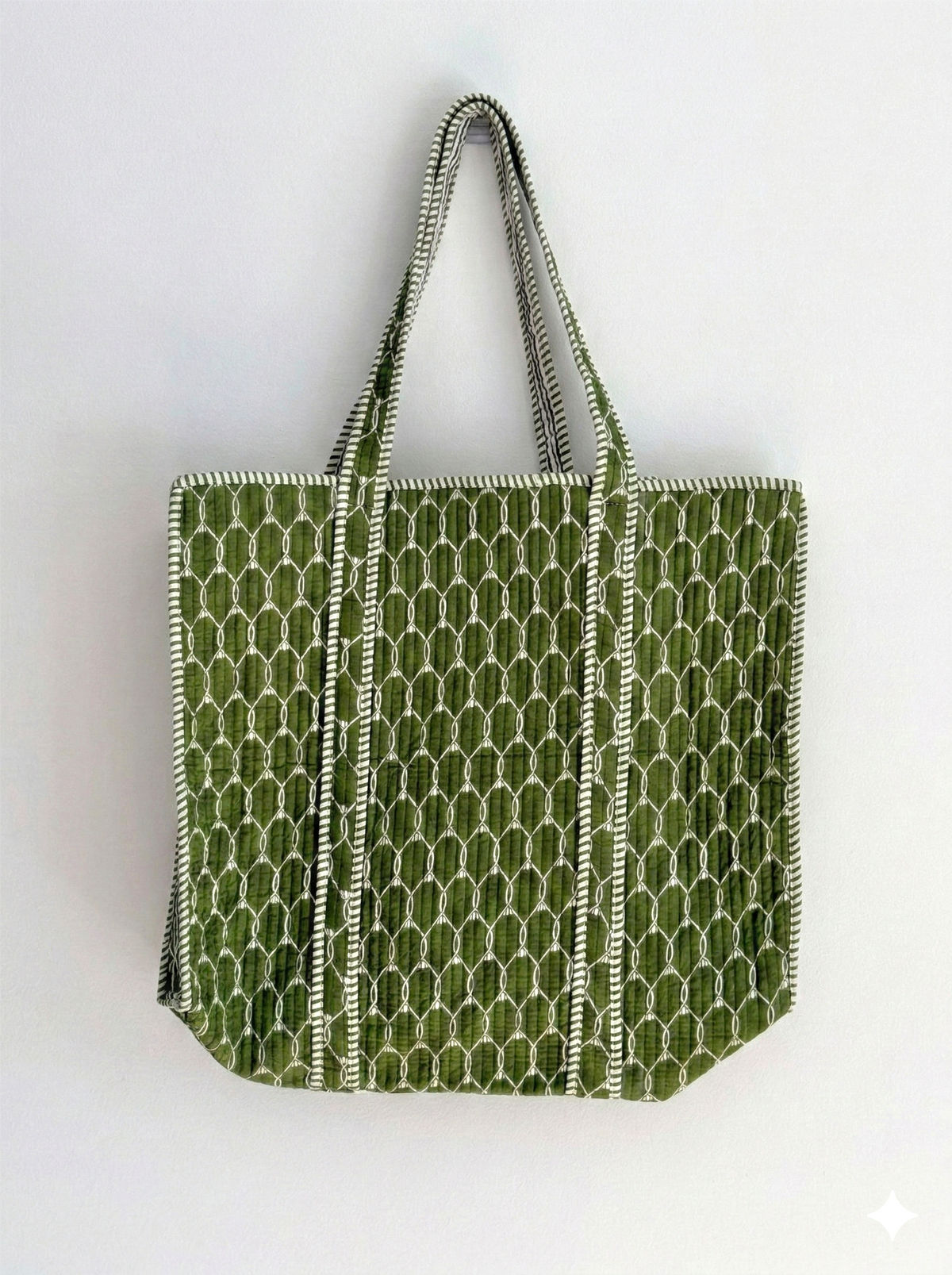 Handmade Green Geometric Print Quilted Cotton Tote Bag, Indian Block Print Lattice Boho Shoulder Bag, Minimalist Travel Beach Bag
