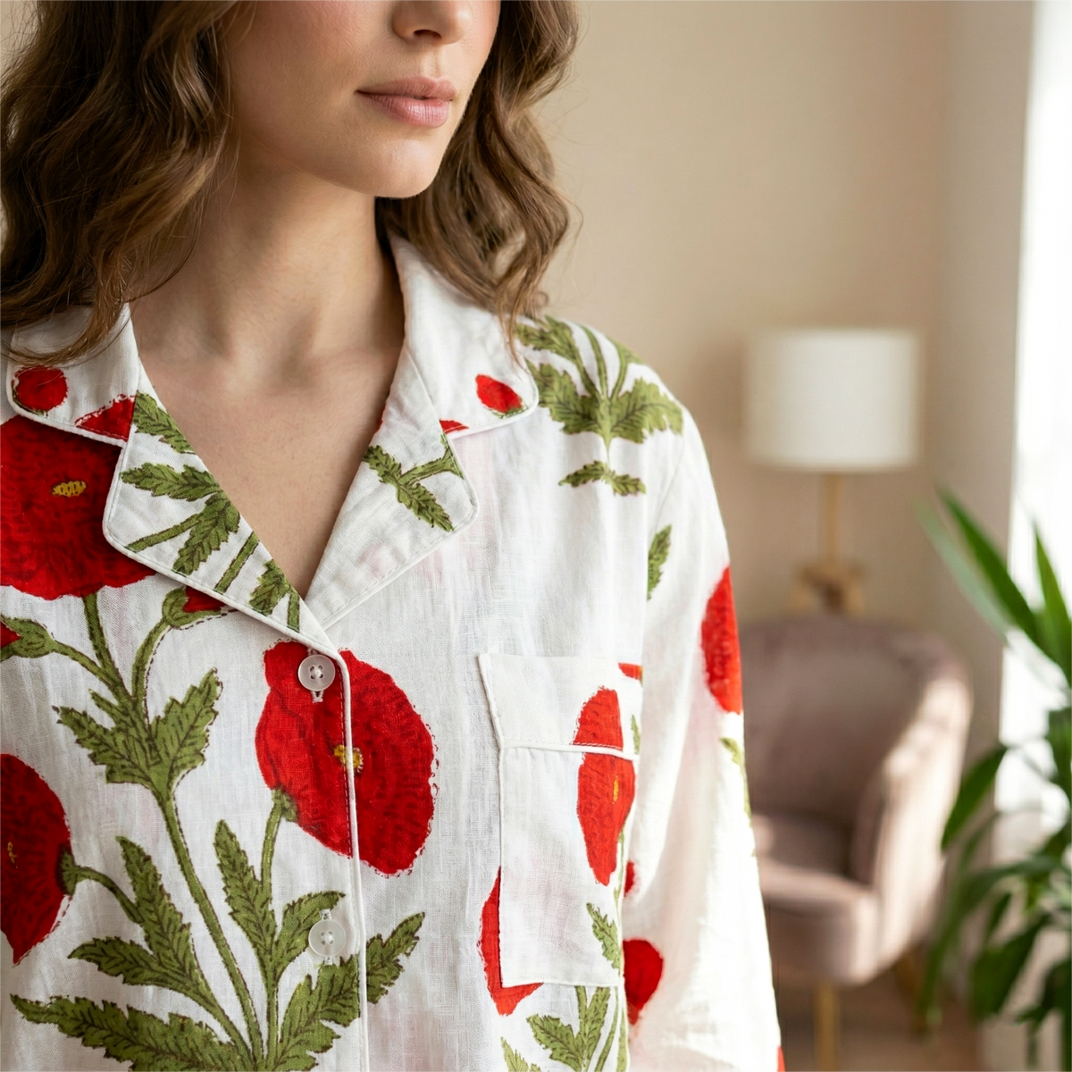 Green Floral Hand Block Print Cotton Pajama Set, Lounge and Sleepwear, Holiday Pajamas Set