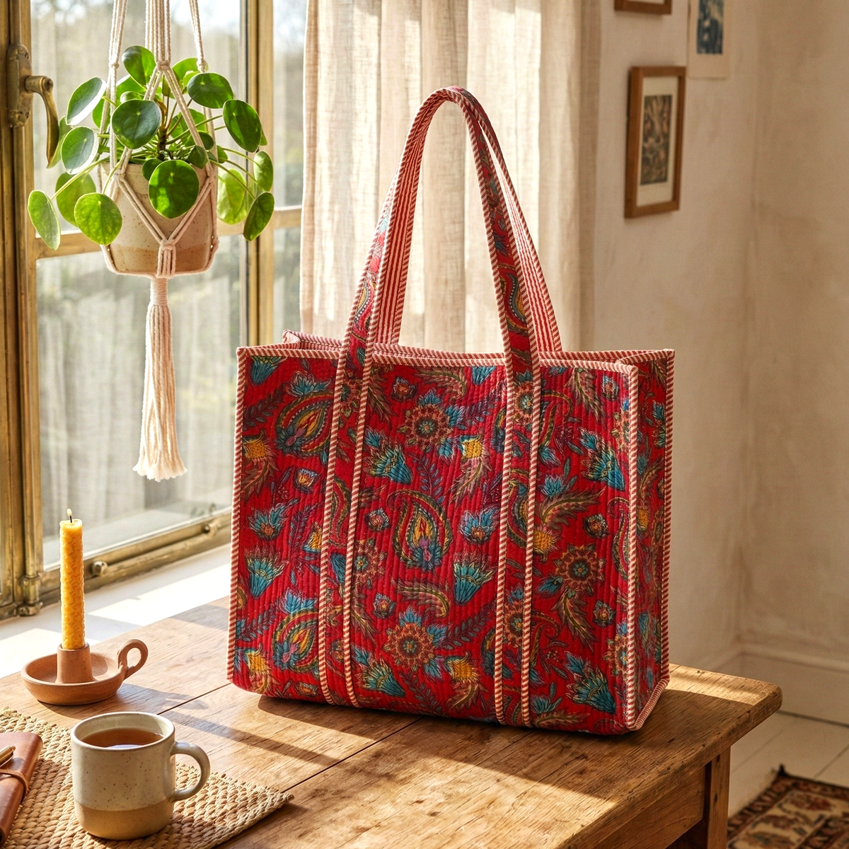 Handmade Red Paisley Block Print Quilted Cotton Tote Bag, Indian Boho Shoulder Bag, Floral Travel Shopping Beach Bag