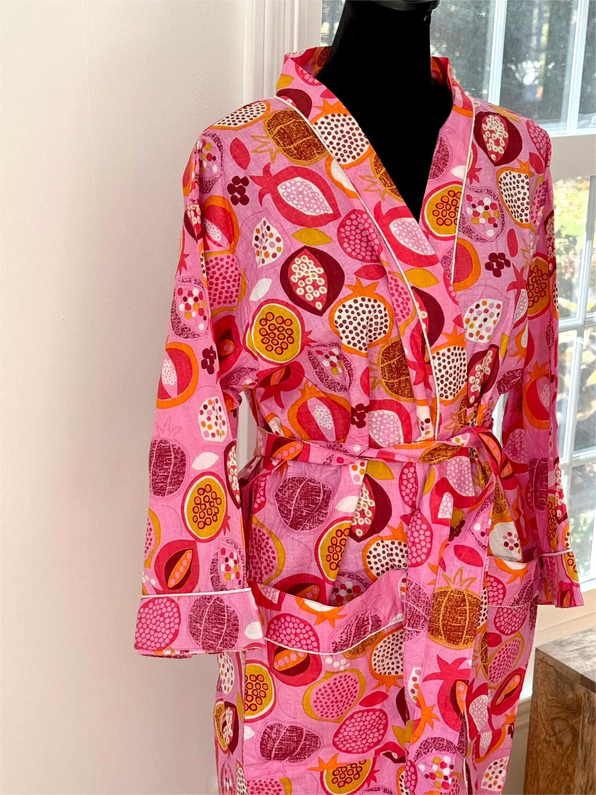 Olive Green & Orange Fruit Print Cotton Wrap | Block Printed Pomegranate Motif Spa Bathrobe