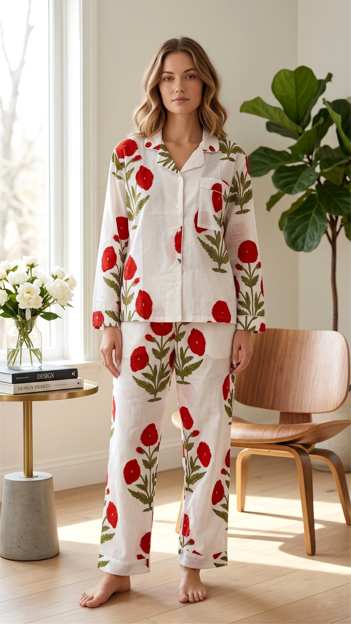 Green Floral Hand Block Print Cotton Pajama Set, Lounge and Sleepwear, Holiday Pajamas Set