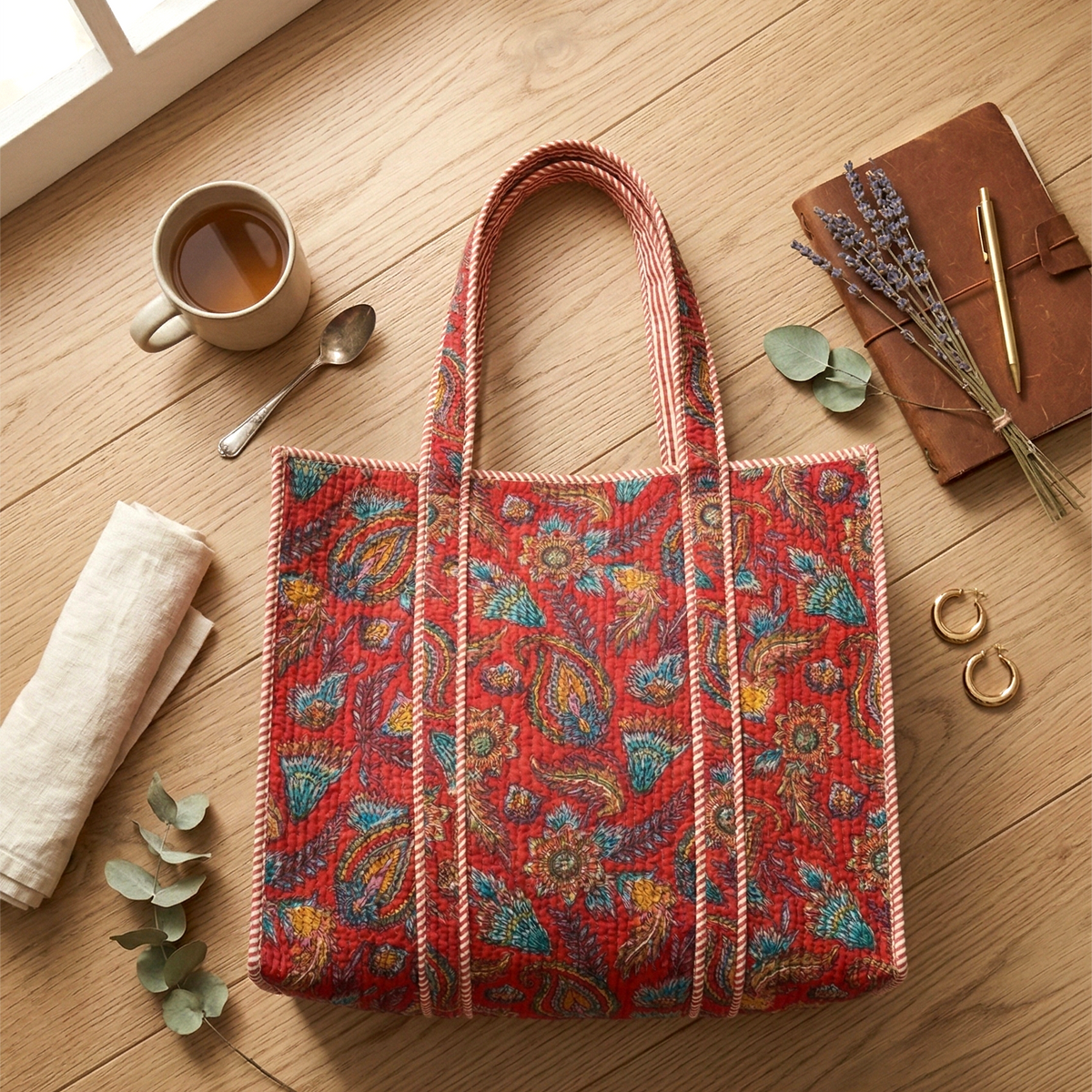 Handmade Red Paisley Block Print Quilted Cotton Tote Bag, Indian Boho Shoulder Bag, Floral Travel Shopping Beach Bag