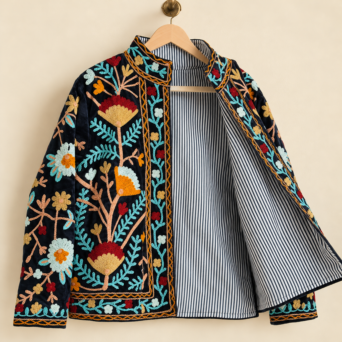 Embroidered Heart Velvet Jacket Royal Blue Short Coat Women Cute Boho Winter Wear Handcrafted Striped Cuff Outerwear Gift For Her