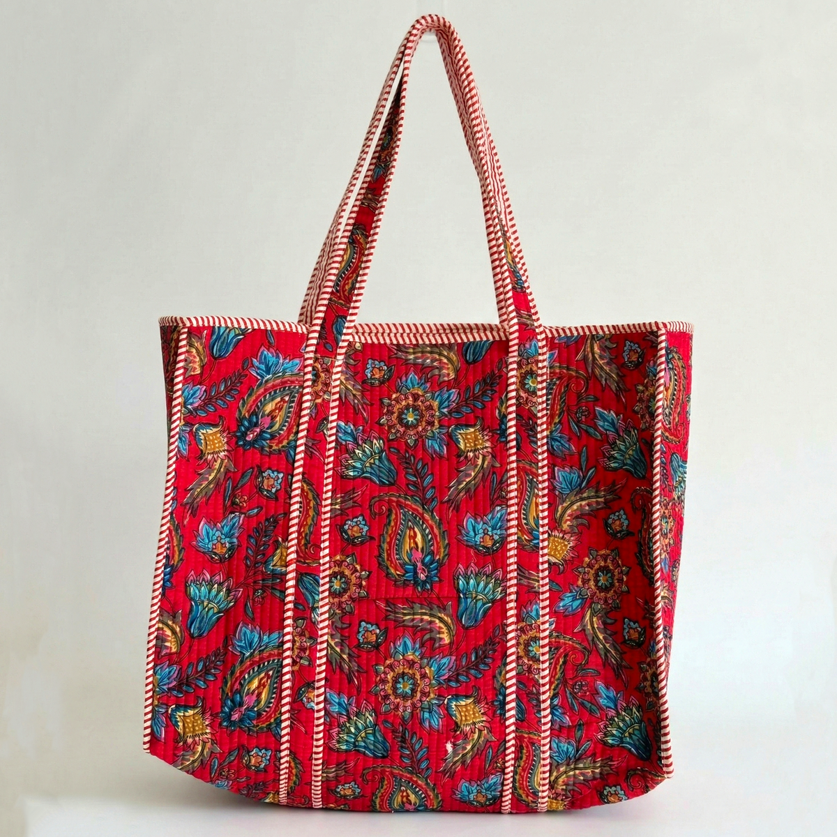 Handmade Red Paisley Block Print Quilted Cotton Tote Bag, Indian Boho Shoulder Bag, Floral Travel Shopping Beach Bag
