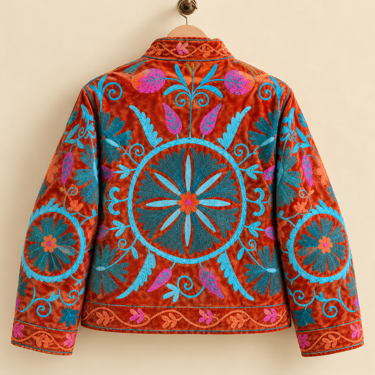 Embroidered Heart Velvet Jacket Royal Blue Short Coat Women Cute Boho Winter Wear Handcrafted Striped Cuff Outerwear Gift For Her