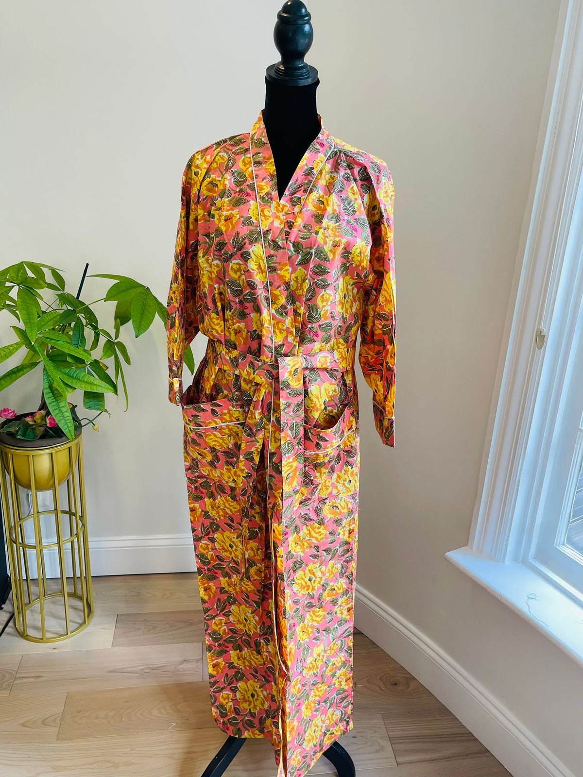 Handcrafted Block Print Cotton Kimono Robe | Coral Pink & Golden Yellow Sunburst Floral Lounge Robe | Spa & Sleepwear
