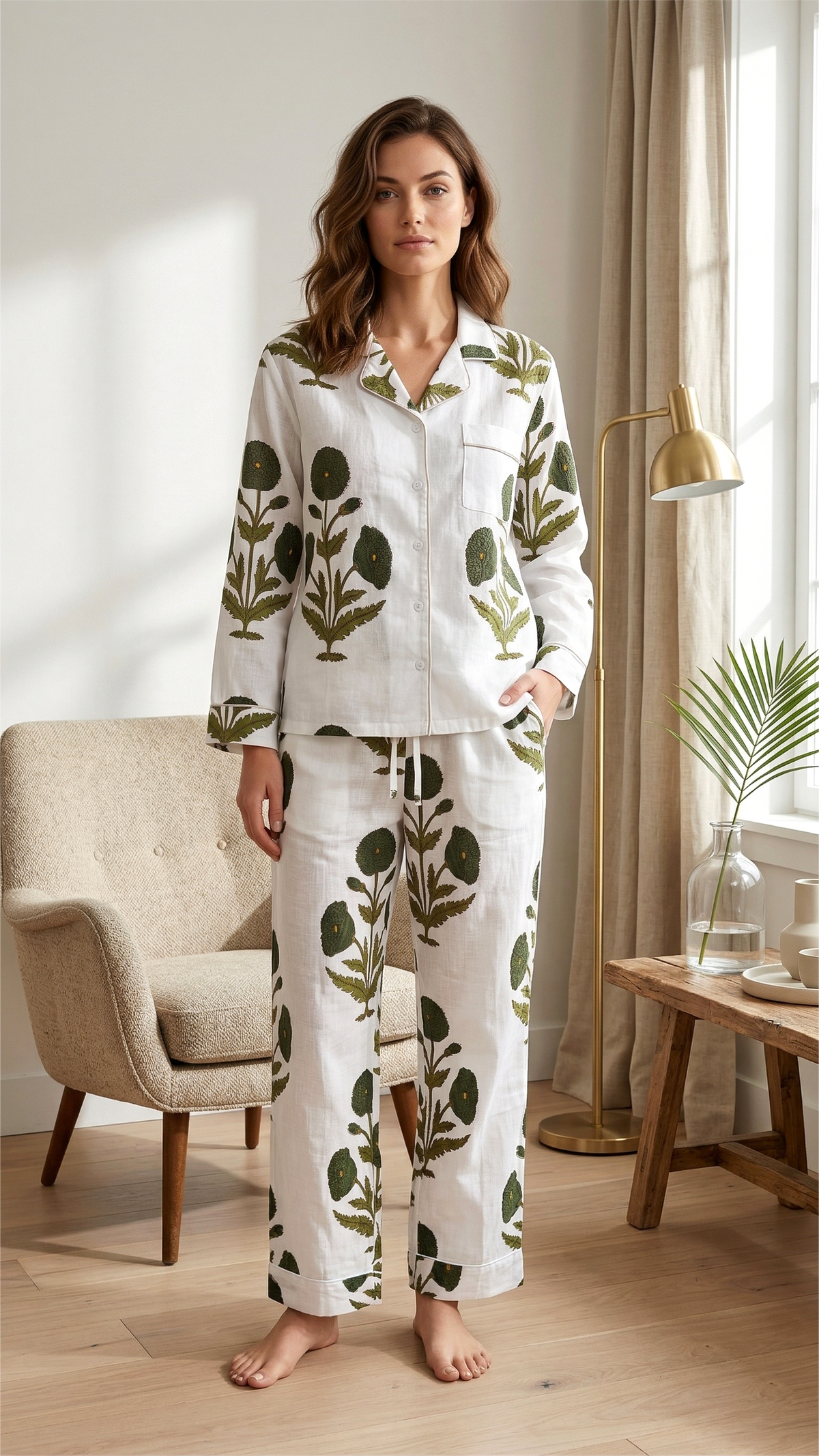 Green Floral Hand Block Print Cotton Pajama Set, Lounge and Sleepwear, Holiday Pajamas Set