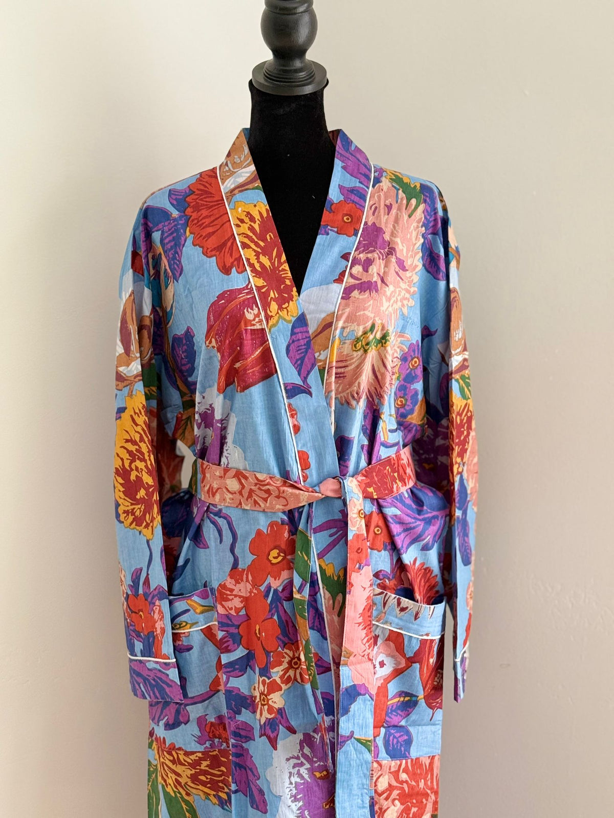 Block Print Cotton Kimono Robe | Blue, Red & Yellow Vibrant Floral Garden Lounge Robe | Spa & Sleepwea