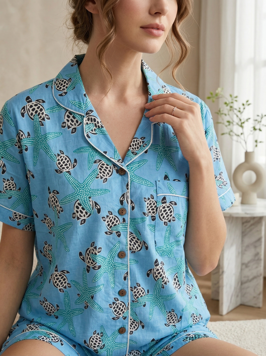Sky Blue Sea Turtle & Starfish Block Print Cotton Shorts Set, Coastal Summer Sleepwear & Loungewear