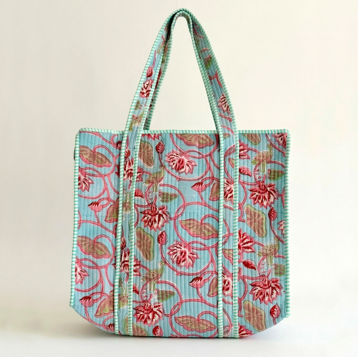 Handmade Blue Floral Block Print Quilted Cotton Tote Bag, Indian Boho Shoulder Bag, Botanical Travel Shopping Beach Bag