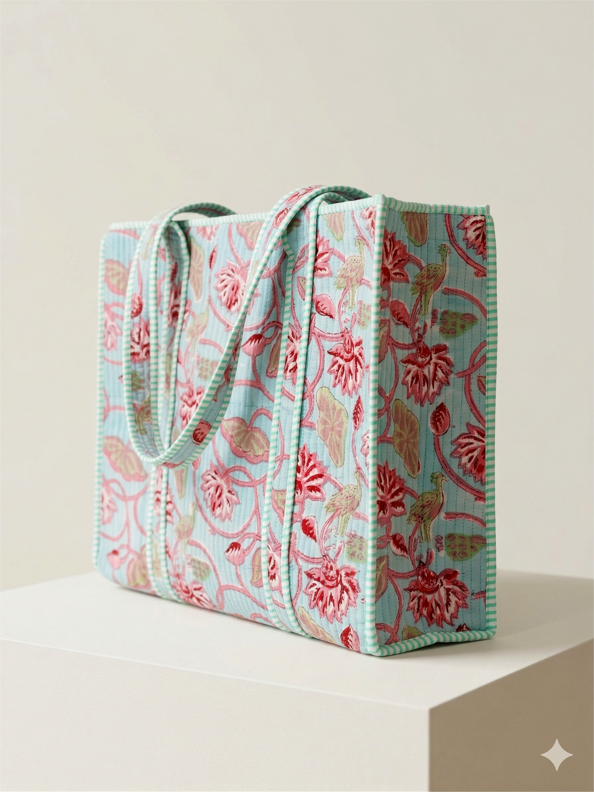 Handmade Blue Floral Block Print Quilted Cotton Tote Bag, Indian Boho Shoulder Bag, Botanical Travel Shopping Beach Bag