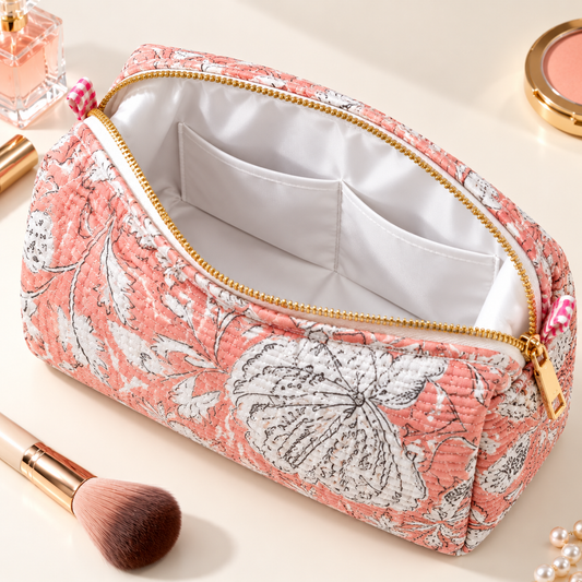 Set Of 3 Makeup Bag, Riva Floral Block Print Cotton Travel Case, Quilted Cosmetic Storage Bag Set