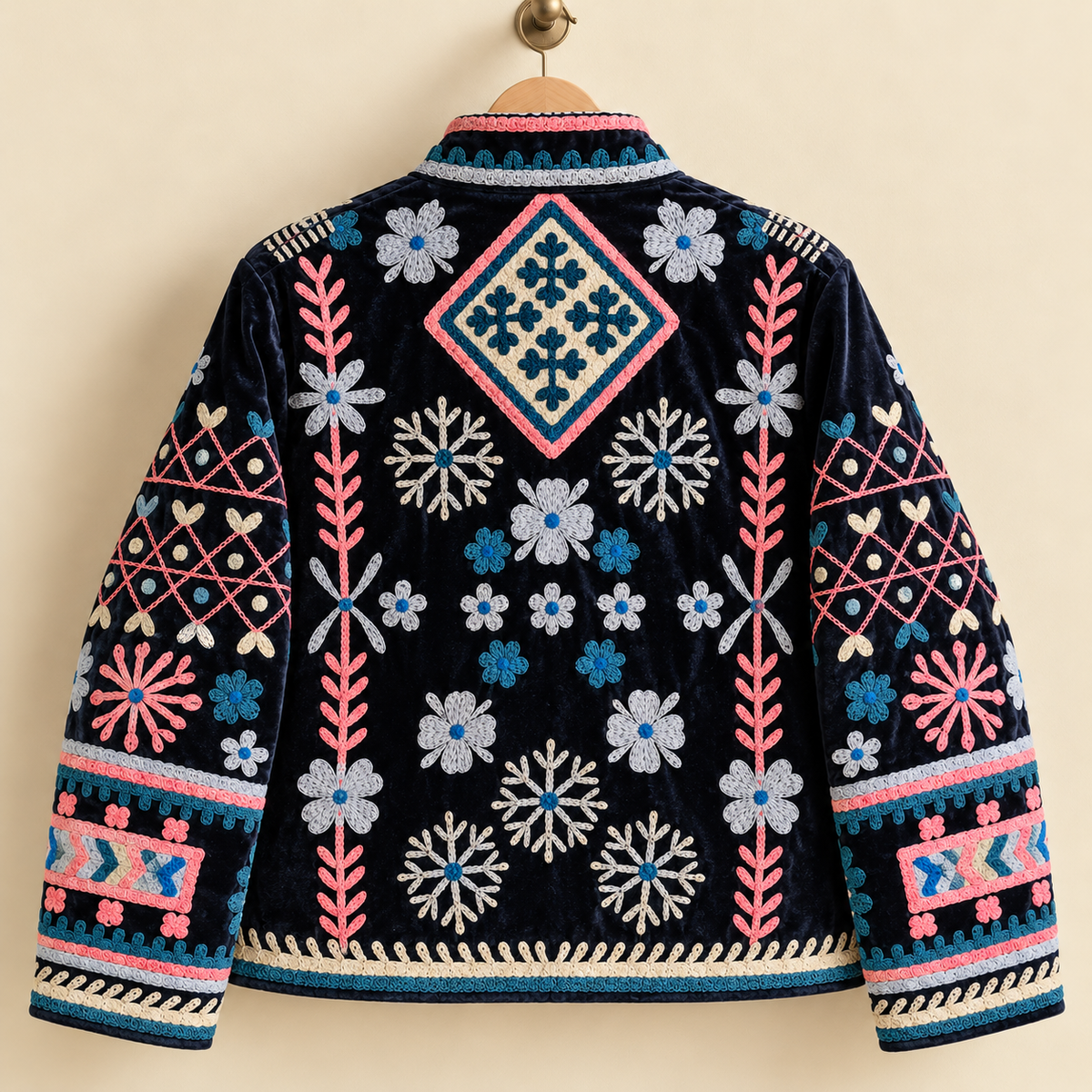 Embroidered Heart Velvet Jacket Royal Blue Short Coat Women Cute Boho Winter Wear Handcrafted Striped Cuff Outerwear Gift For Her