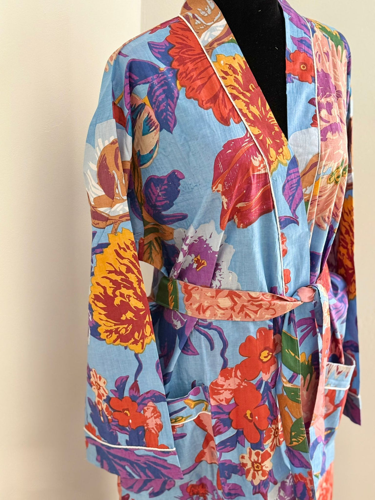 Block Print Cotton Kimono Robe | Blue, Red & Yellow Vibrant Floral Garden Lounge Robe | Spa & Sleepwea