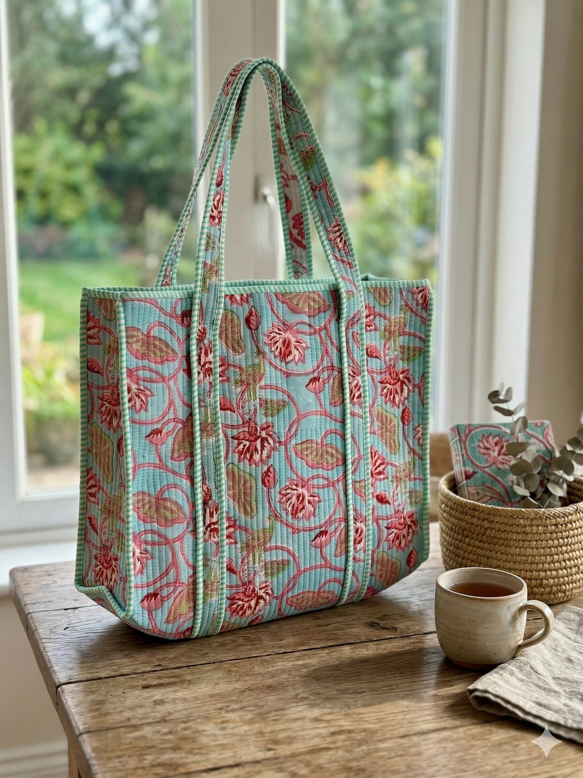 Handmade Blue Floral Block Print Quilted Cotton Tote Bag, Indian Boho Shoulder Bag, Botanical Travel Shopping Beach Bag