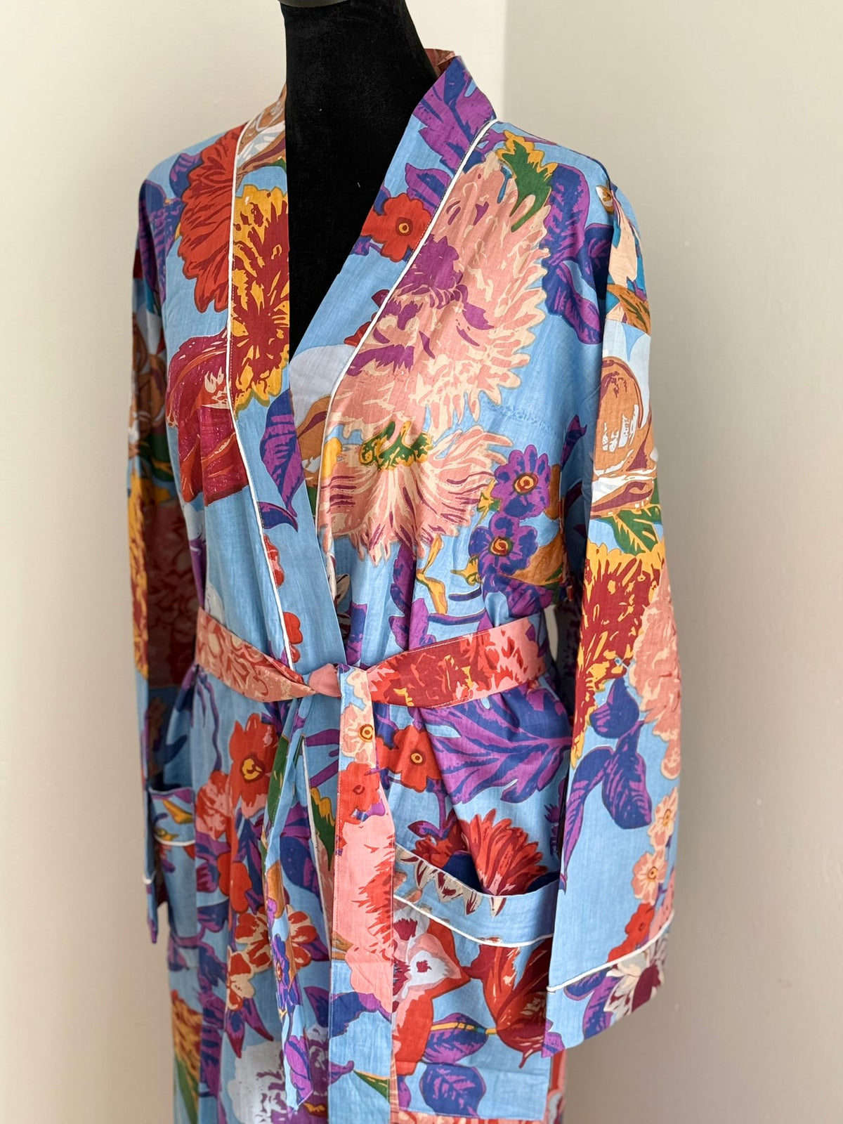 Block Print Cotton Kimono Robe | Blue, Red & Yellow Vibrant Floral Garden Lounge Robe | Spa & Sleepwea