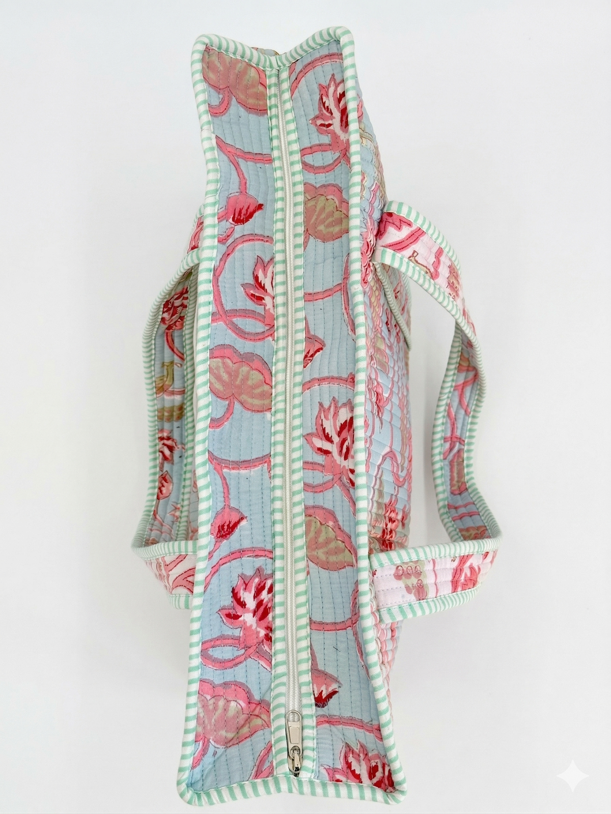 Handmade Blue Floral Block Print Quilted Cotton Tote Bag, Indian Boho Shoulder Bag, Botanical Travel Shopping Beach Bag