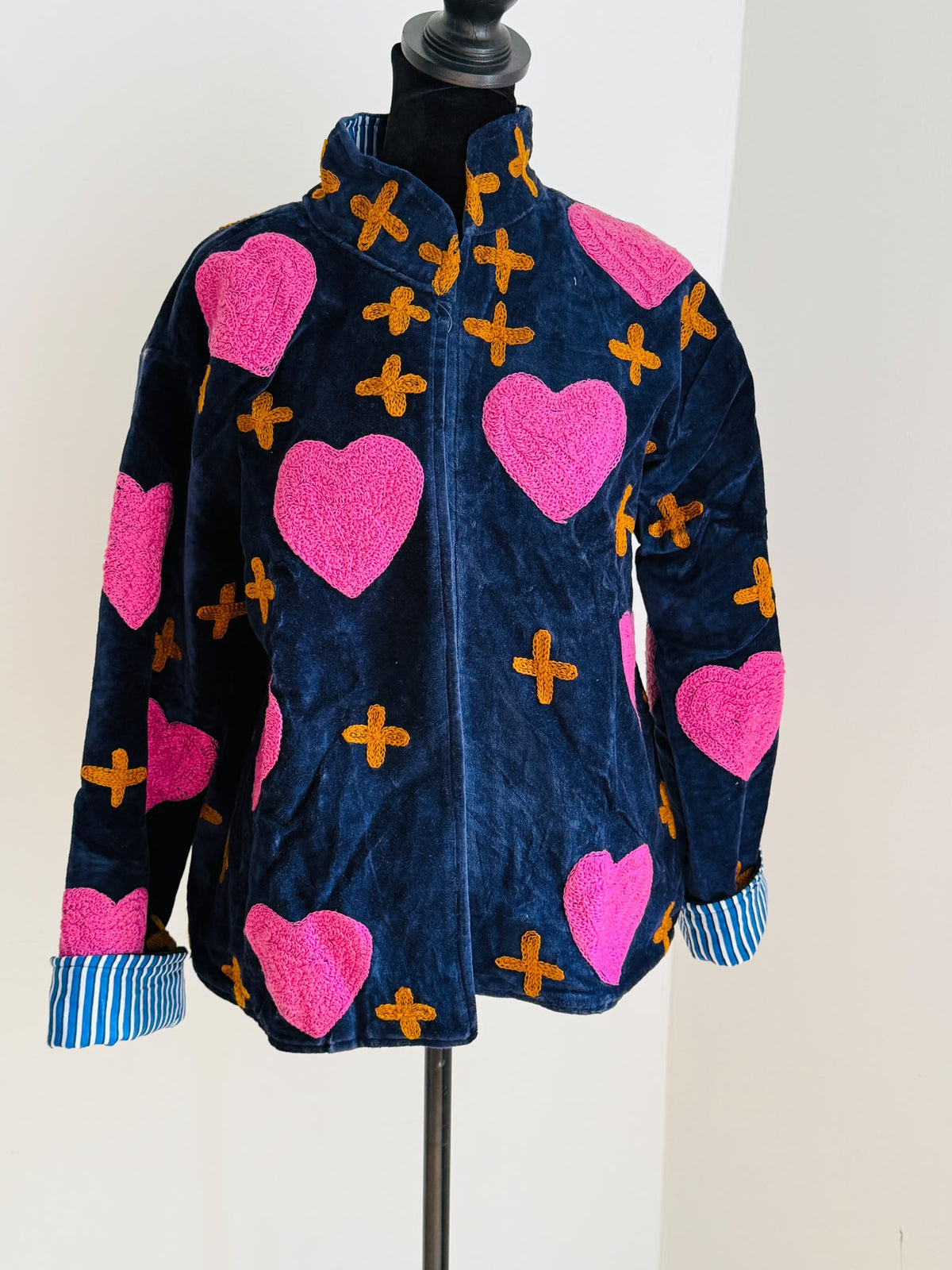 Embroidered Heart Velvet Jacket Royal Blue Short Coat Women Cute Boho Winter Wear Handcrafted Striped Cuff Outerwear Gift For Her