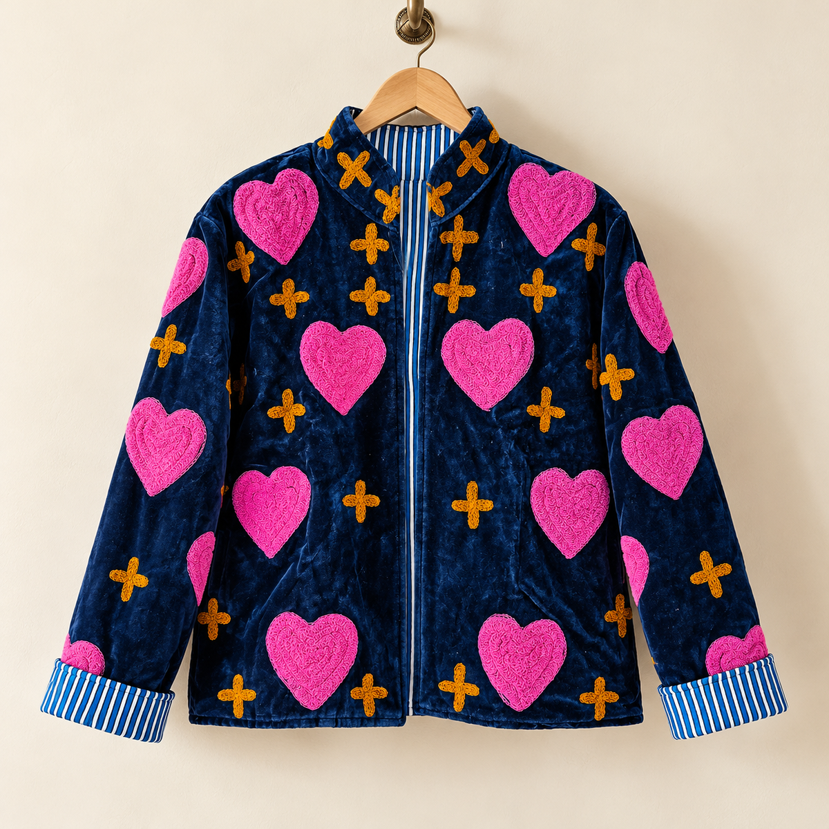 Embroidered Heart Velvet Jacket Royal Blue Short Coat Women Cute Boho Winter Wear Handcrafted Striped Cuff Outerwear Gift For Her