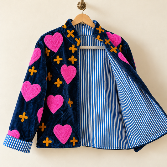 Embroidered Heart Velvet Jacket Royal Blue Short Coat Women Cute Boho Winter Wear Handcrafted Striped Cuff Outerwear Gift For Her