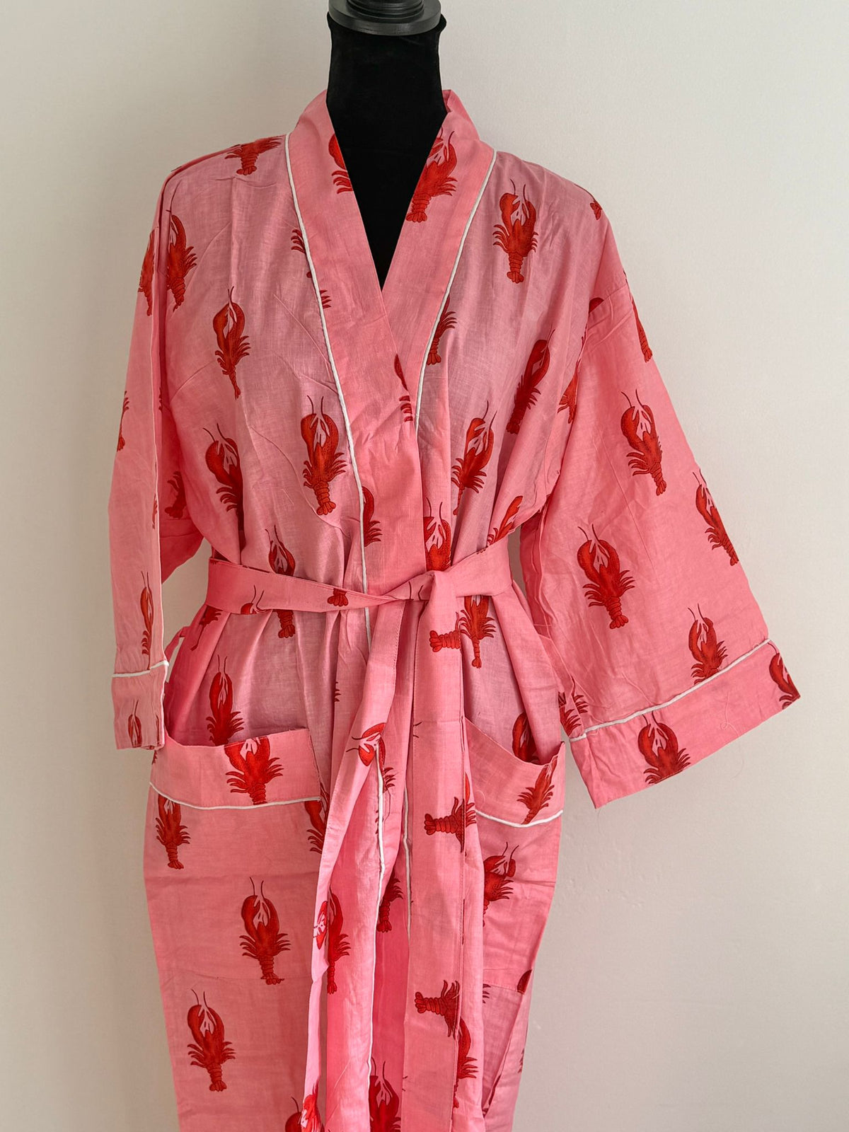 Cotton Block Print Novelty Loungewear | Pink & Red Lobster Motif Kimono Dress | Coastal Chic Sleepwear