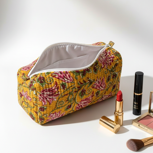 Set Of 3 Makeup Bag, Haldi Blossom Block Print Cotton Travel Case, Quilted Cosmetic Storage Bag Set