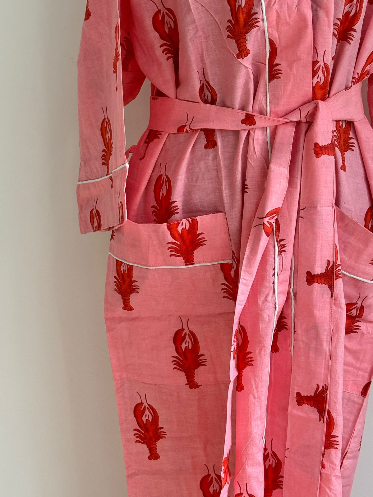 Cotton Block Print Novelty Loungewear | Pink & Red Lobster Motif Kimono Dress | Coastal Chic Sleepwear
