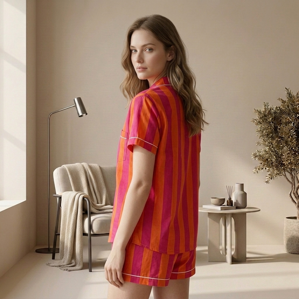 Hot Pink & Orange Bold Striped Cotton Shorts Set, Vibrant Summer Sleepwear & Loungewear