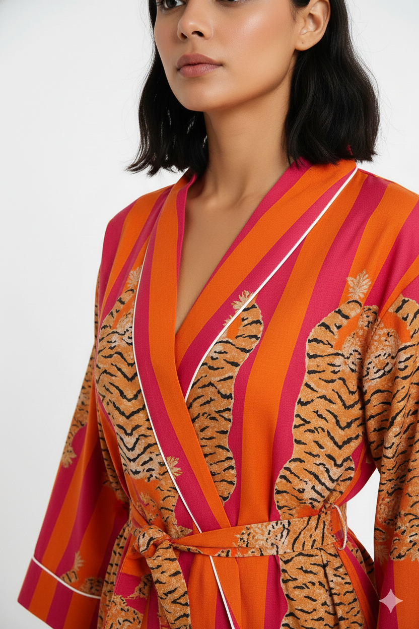 Sunset Orange & Magenta Striped Lounge Kimono | Tiger Motif Cotton Robe | Statement Sleepwear & Resort Wear