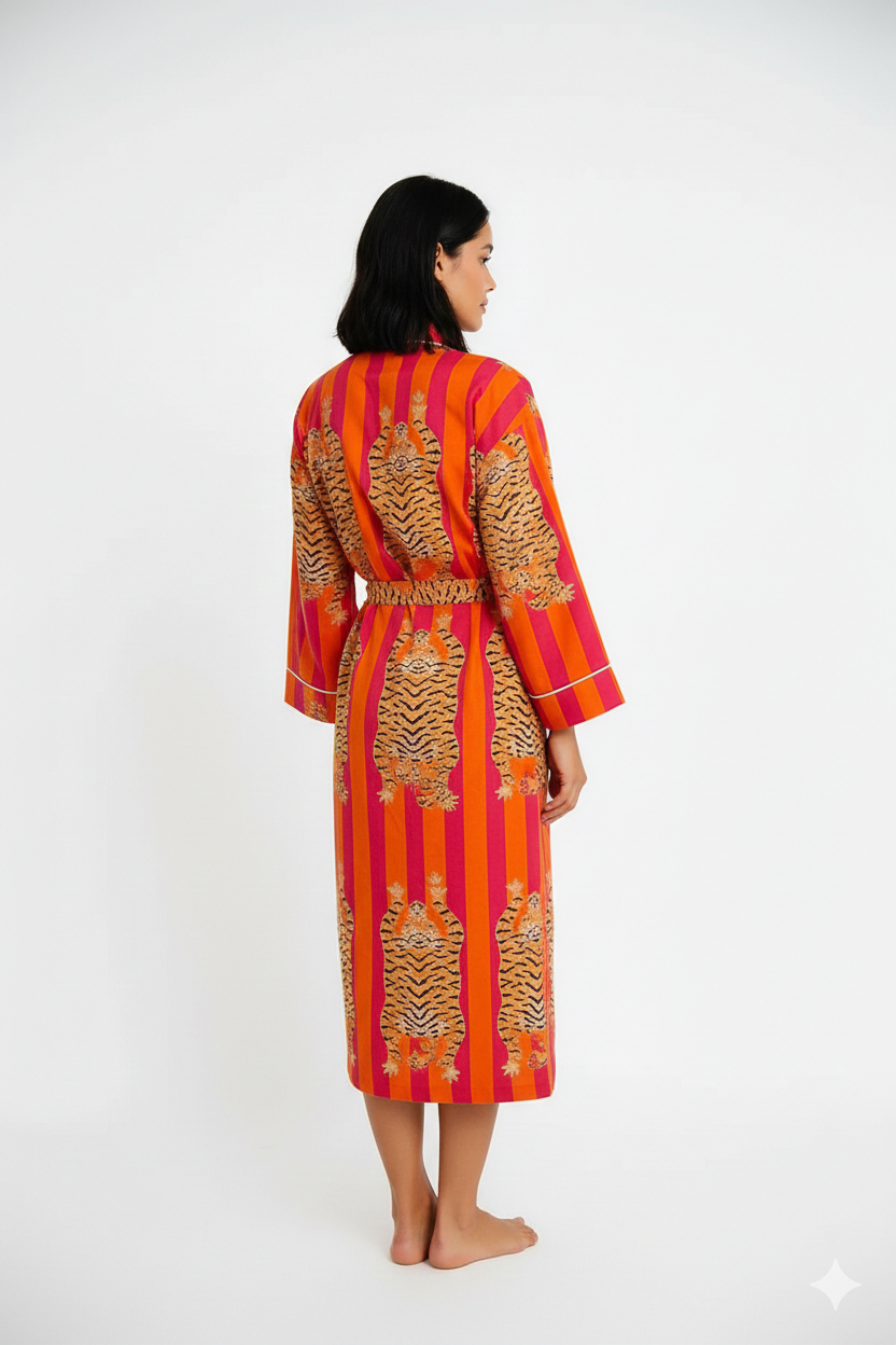 Turquoise Blue & Cyan Striped Wrap Dress | Exotic Tiger Print Cotton Bathrobe | Luxury Loungewear & Sleep Robe