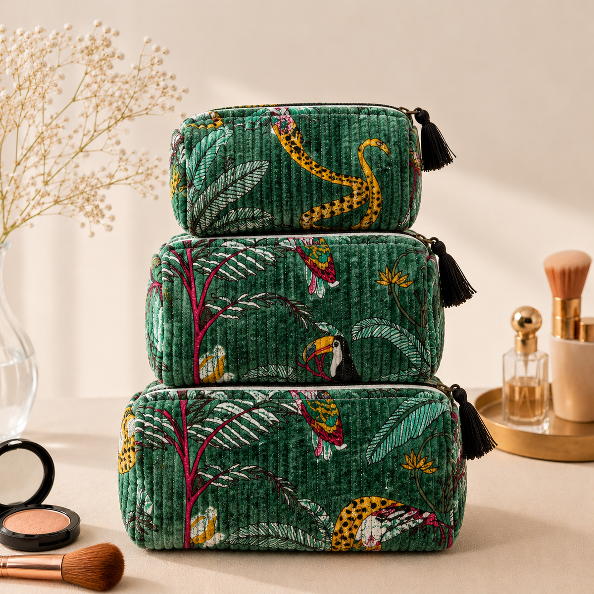 Set Of 3 Makeup Bag, Forest Green Velvet Floral Travel Pouch, Quilted Soft Cosmetic Toiletry Wash Organizer (Copy) (Copy)