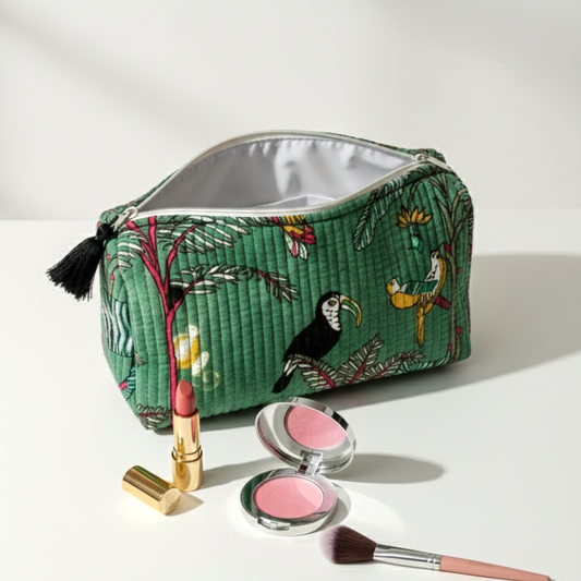 Set Of 3 Makeup Bag, Emerald Green Velvet Toucan Safari Travel Case, Quilted Cosmetic Storage Vanity Pouch Set