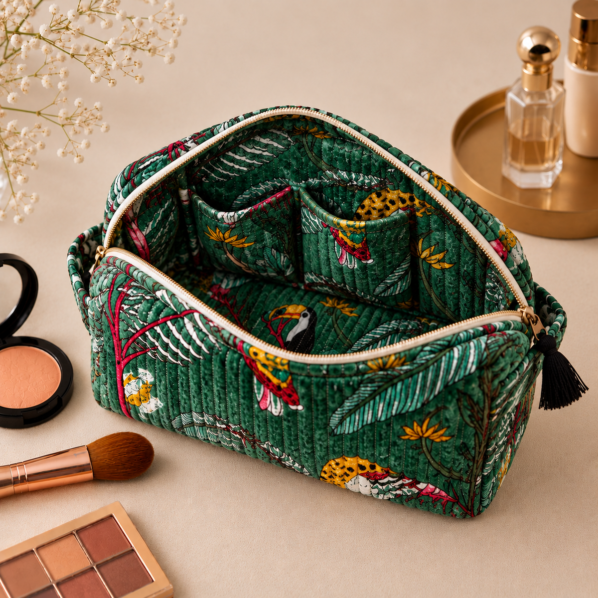 Set Of 3 Makeup Bag, Forest Green Velvet Floral Travel Pouch, Quilted Soft Cosmetic Toiletry Wash Organizer (Copy) (Copy)