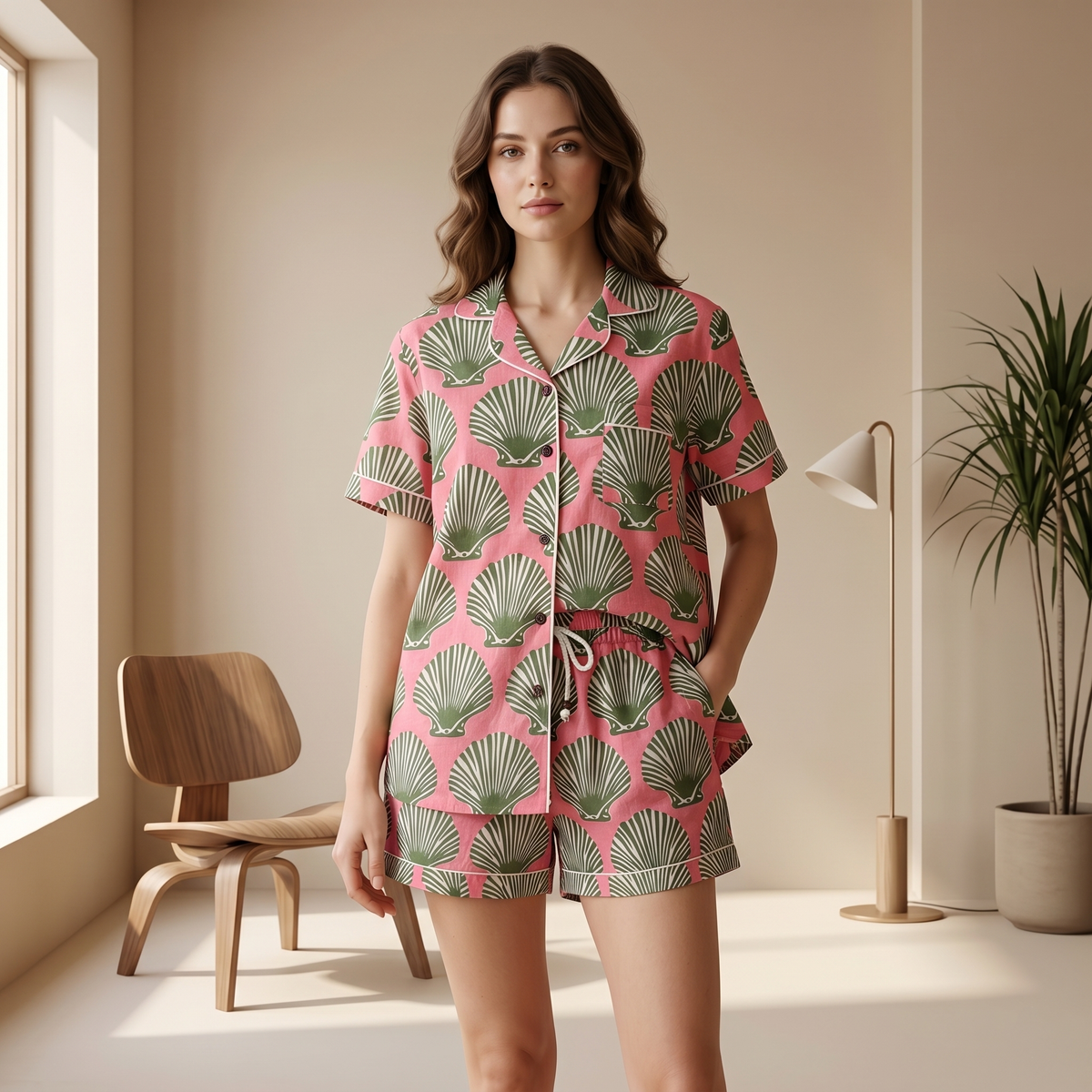 Pink & Green Seashell Block Print Cotton Shorts Set, Coastal Summer Sleepwear & Loungewear