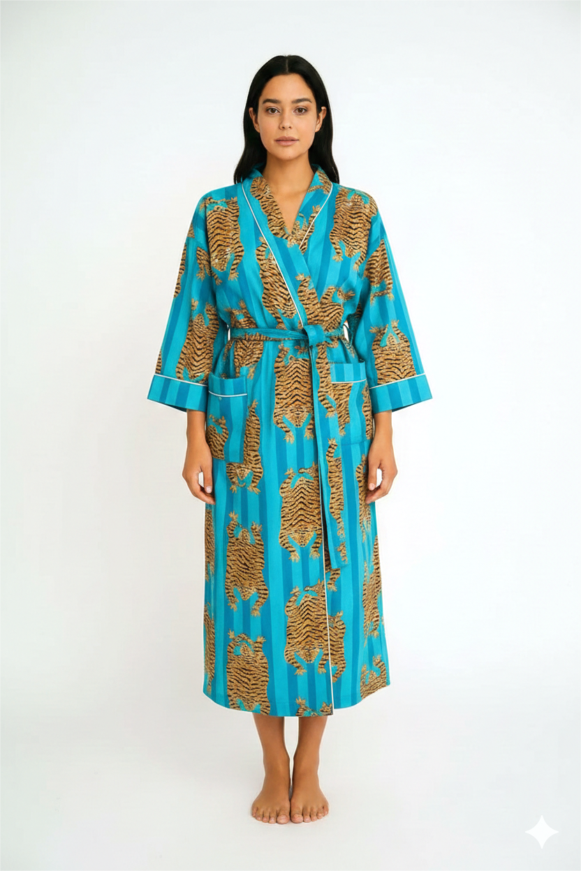 Sunset Orange & Magenta Striped Lounge Kimono | Tiger Motif Cotton Robe | Statement Sleepwear & Resort Wear