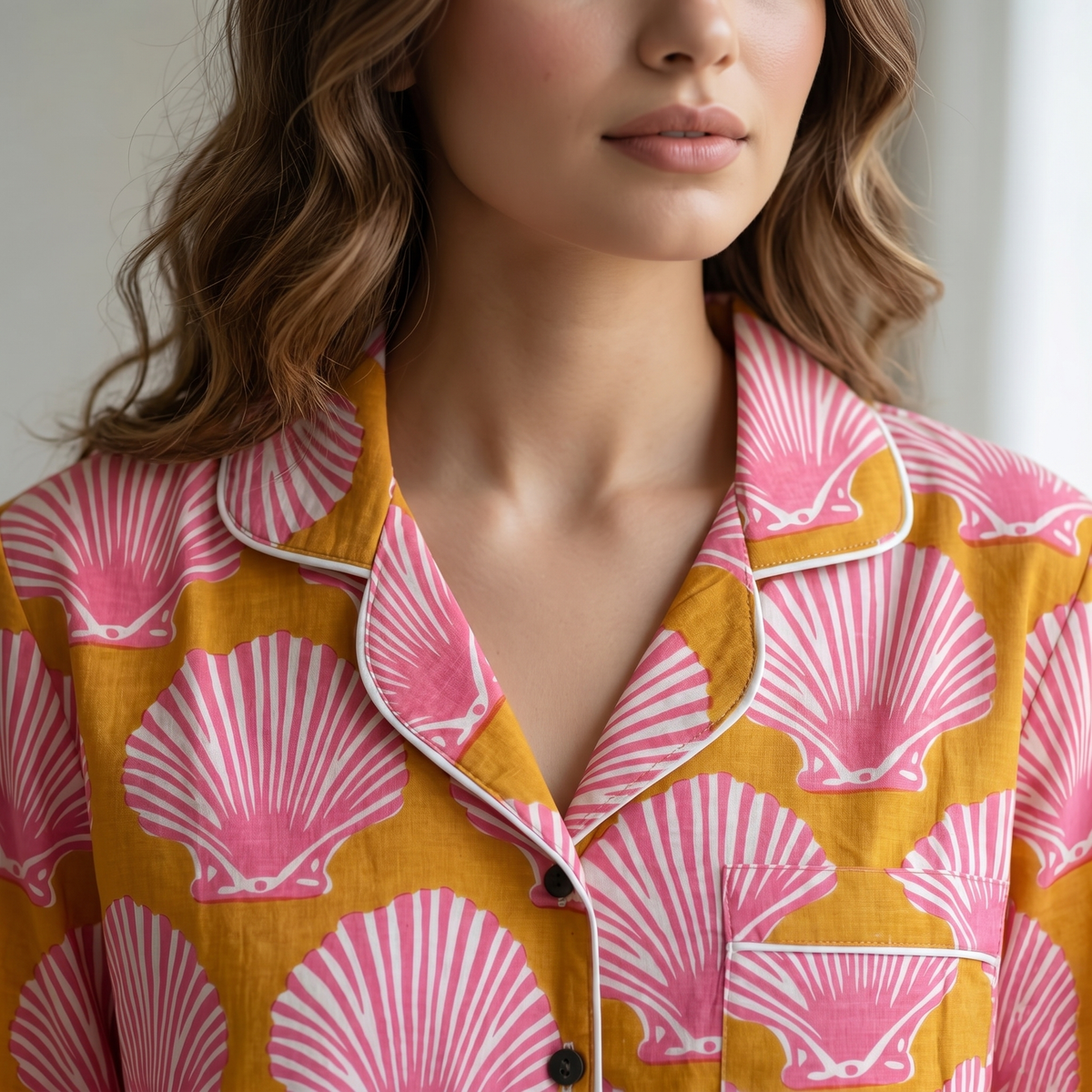 Pink & Green Seashell Block Print Cotton Shorts Set, Coastal Summer Sleepwear & Loungewear