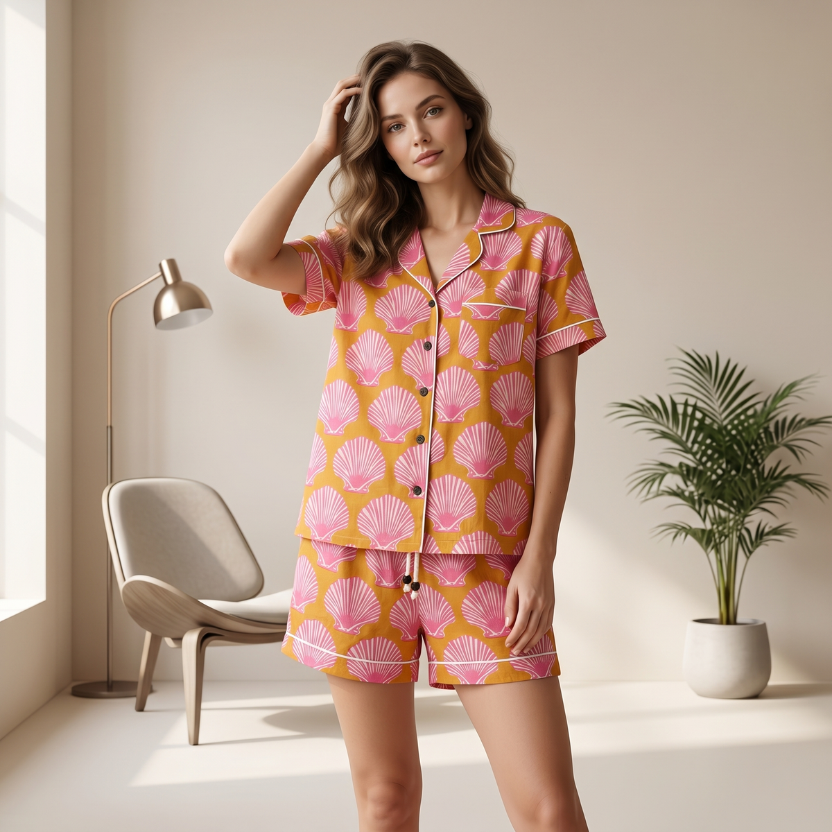 Pink & Green Seashell Block Print Cotton Shorts Set, Coastal Summer Sleepwear & Loungewear