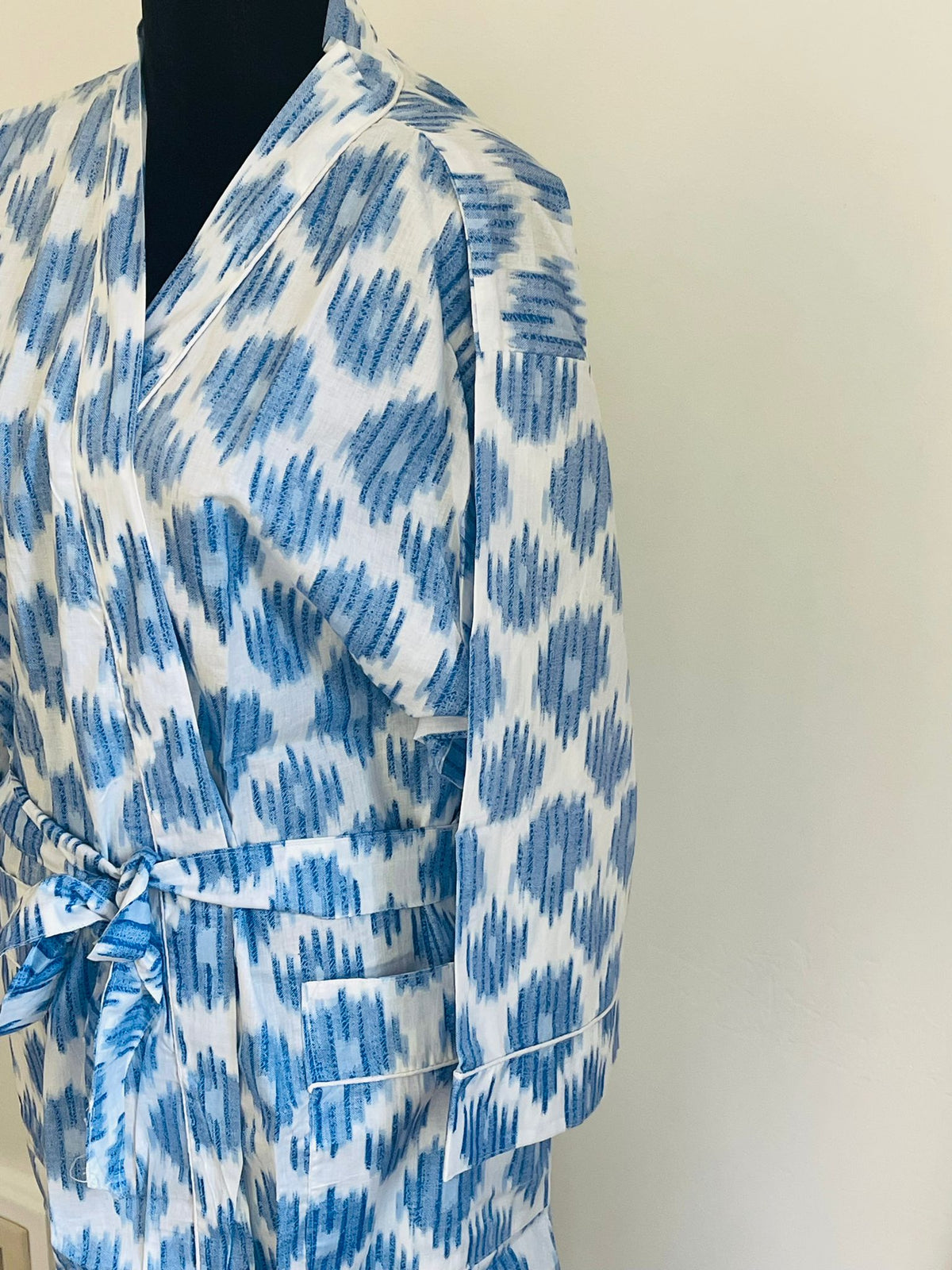 Block Printed Indigo & White Diamond Motif Kimono | Cotton Spa Wrap & Resort Loungewear