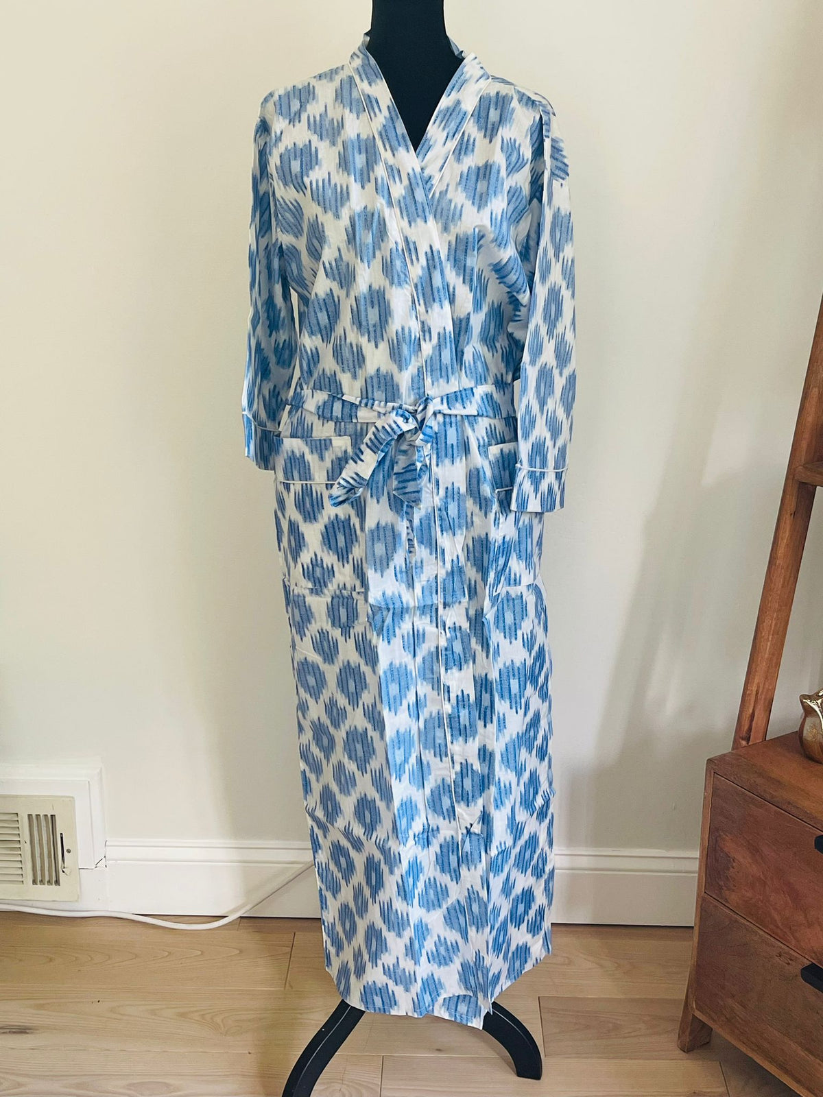 Organic Cotton Sage Green & Cream Patterned Robe | Soft Handblock Print Loungewear & Sleep Robe