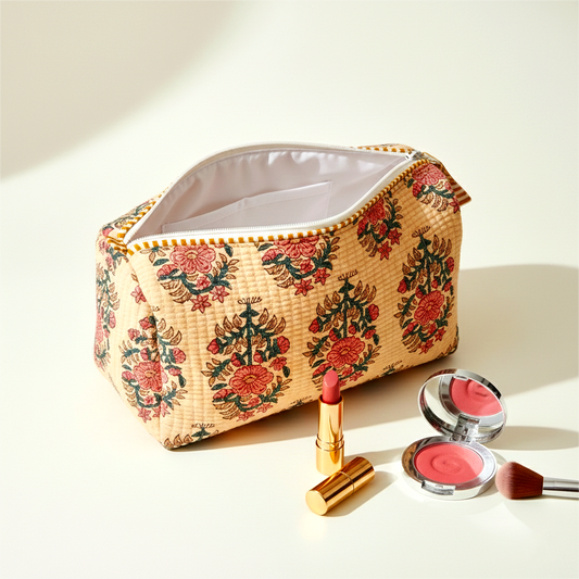 Set Of 3 Makeup Bag, Gulab Bagh Floral Block Print Cotton Travel Case, Quilted Cosmetic Storage Bag Set