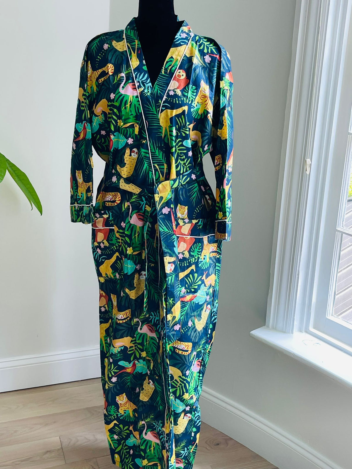 Navy Blue & Multicolored Tropical Animal Print Cotton Kimono | Jungle Foliage & Sloth Motif Bathrobe