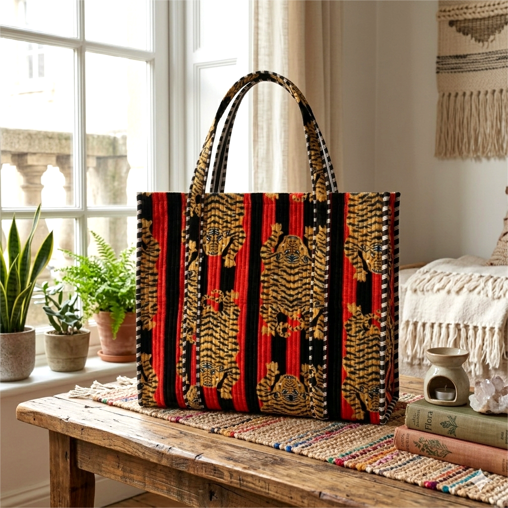 Handmade Red Black Tiger Print Quilted Cotton Tote Bag, Indian Block Print Bengal Tiger Boho Shoulder Bag, Animal Print Travel Beach Bag