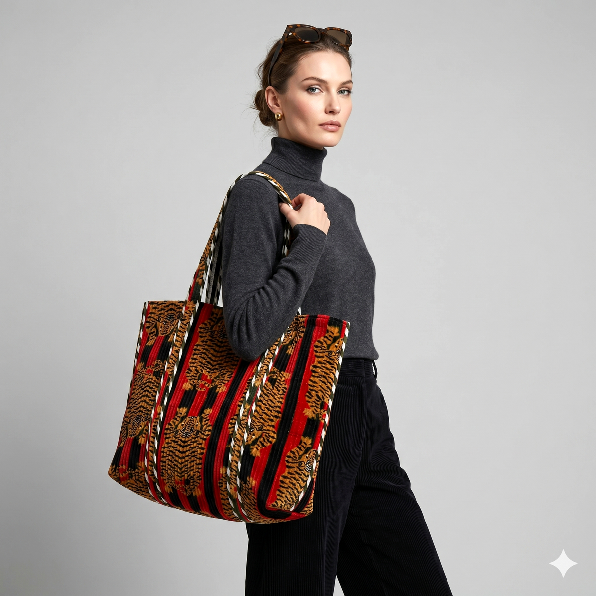 Handmade Red Black Tiger Print Quilted Cotton Tote Bag, Indian Block Print Bengal Tiger Boho Shoulder Bag, Animal Print Travel Beach Bag