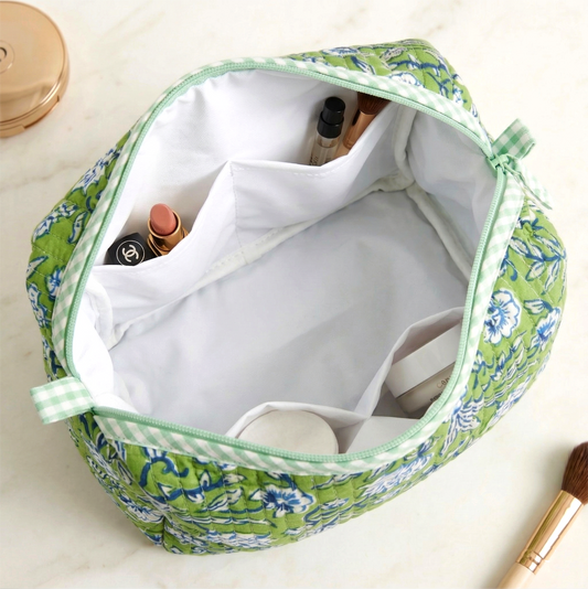 Set Of 3 Makeup Bag, Lime Bloom Floral Block Print Cotton Travel Case, Quilted Cosmetic Storage Bag Set