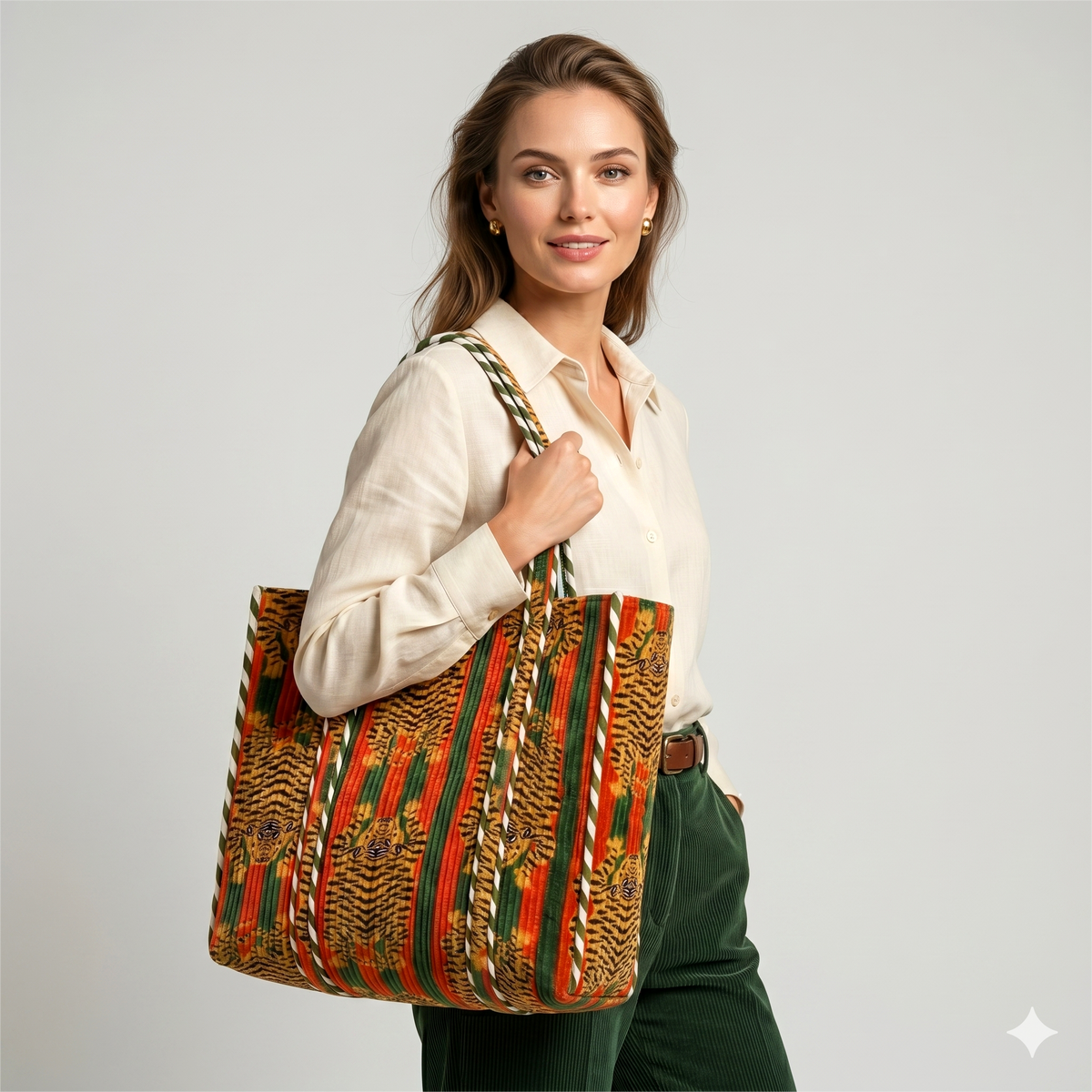 Handmade Red Black Tiger Print Quilted Cotton Tote Bag, Indian Block Print Bengal Tiger Boho Shoulder Bag, Animal Print Travel Beach Bag