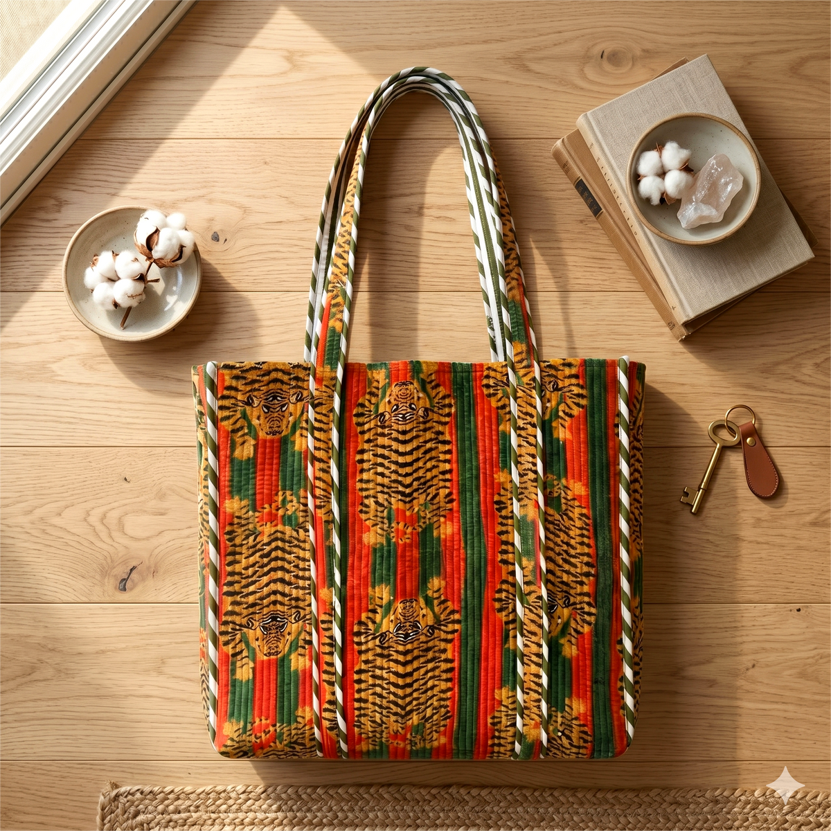 Handmade Red Black Tiger Print Quilted Cotton Tote Bag, Indian Block Print Bengal Tiger Boho Shoulder Bag, Animal Print Travel Beach Bag
