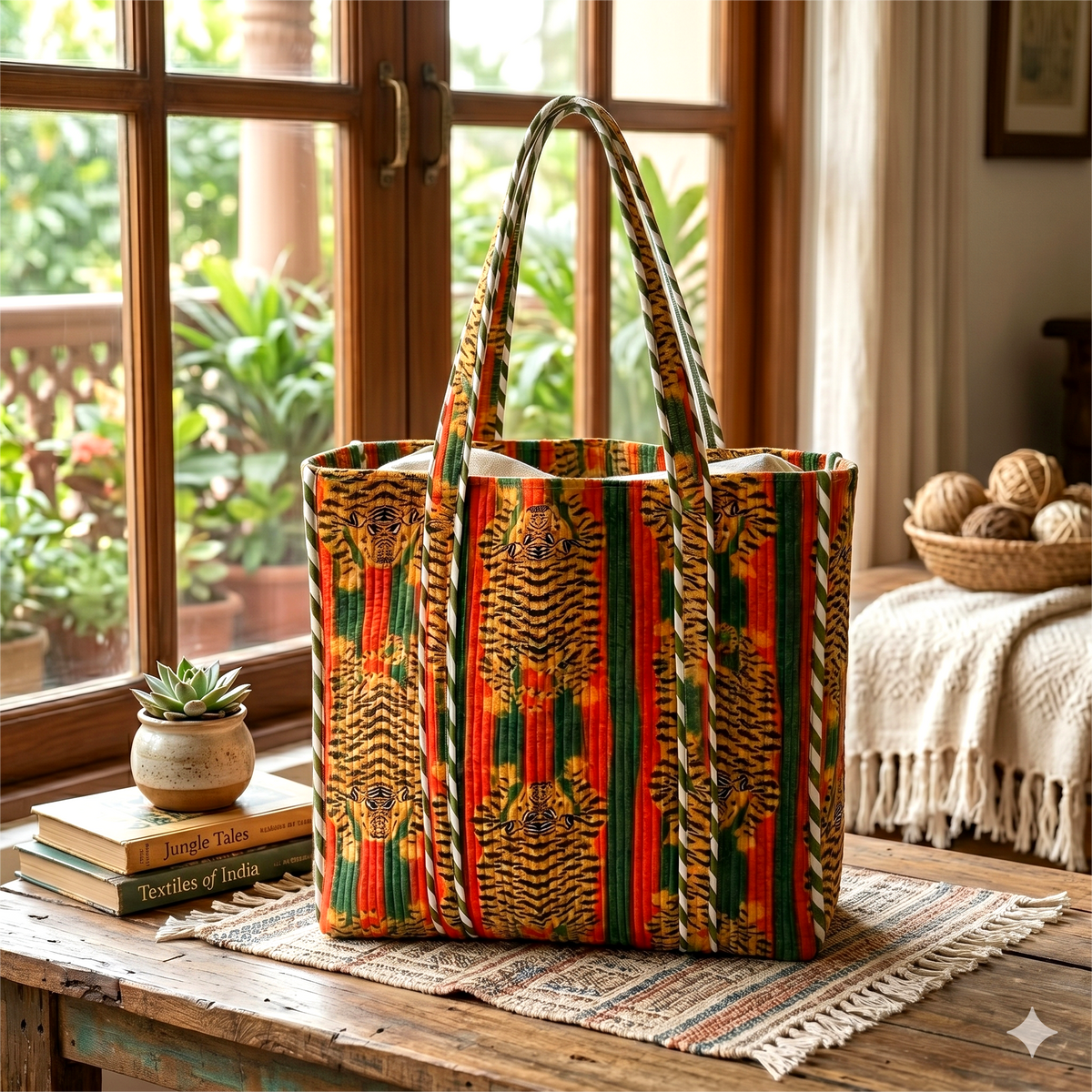 Handmade Red Black Tiger Print Quilted Cotton Tote Bag, Indian Block Print Bengal Tiger Boho Shoulder Bag, Animal Print Travel Beach Bag