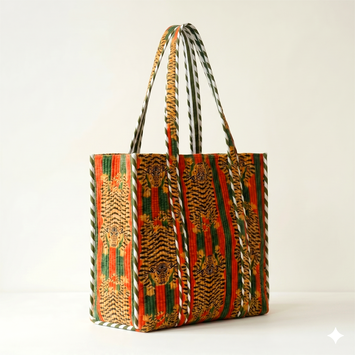 Handmade Red Black Tiger Print Quilted Cotton Tote Bag, Indian Block Print Bengal Tiger Boho Shoulder Bag, Animal Print Travel Beach Bag