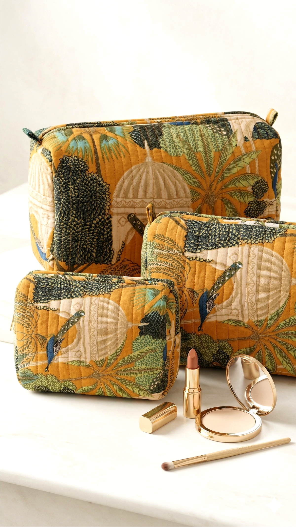 Set Of 3 Makeup Bag, Saffron Palace Peacock Block Print Cotton Travel Case, Quilted Cosmetic Storage Bag Set